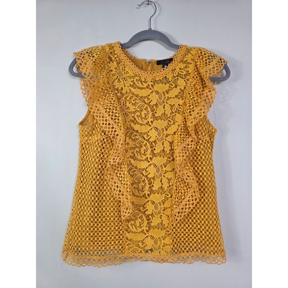 AQUA Bloomingdales Sleeveless Semi Sheer Lace Ruffle Top Mustard Yellow Size S